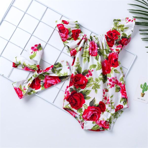 

rompers floral print girl baby bodysuits summer born infant girls ruffle junpsuit headbands clothes 2021 outfits, Blue