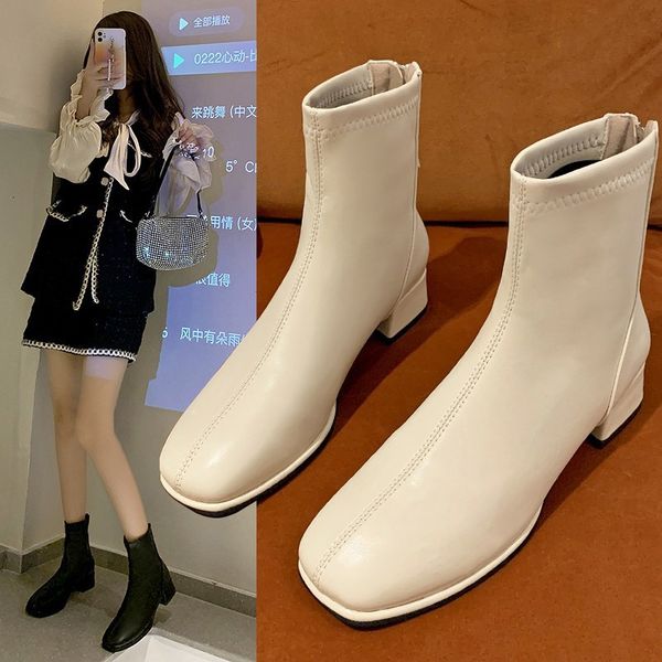 

large square head small short women's 2021 autumn and winter martin french thin thick heel fashion boots, Black