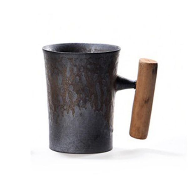 

promotion 300ml creative handmade ceramic coffee mug with spoon rust glaze wooden handle water cup for home/office mugs