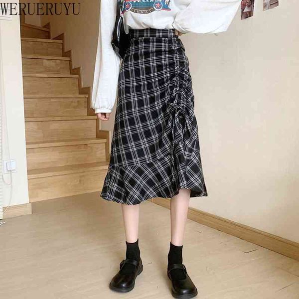 

werueruyu plaid high waist mermaid skirts women streetwear cotton long skirts chic vintage style ladies bottoms autumn winter 210608, Black