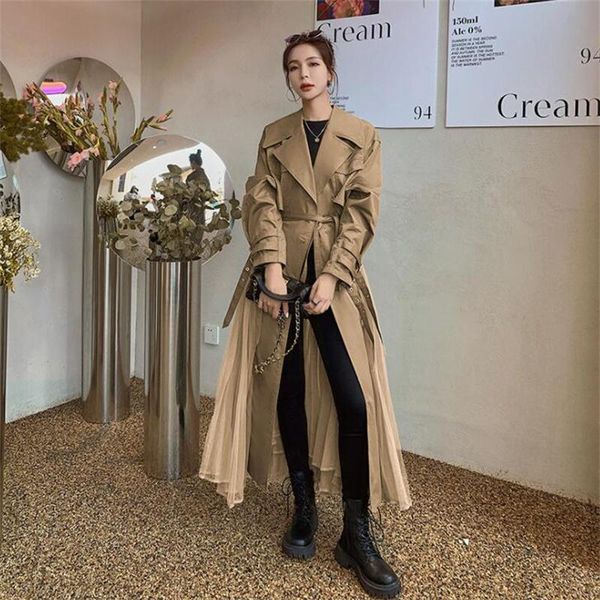 

women's trench coats khaki windbreaker 2021 spring and autumn design sense loose mesh stitching extra-long ankle jacket, Tan;black