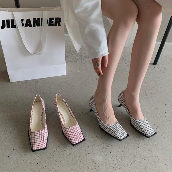 

dress shoes shallow mouth stiletto plaid mid-heel in the fall of 2021 three-dimensional square toe fashion small high heels, Black