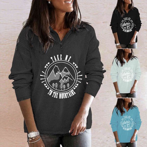 

trendy iadies' sweaters take me mountain print casual zipper stand collar loose women's sweaterhoodies, Black