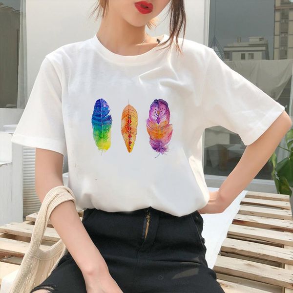 

Beautiful Feather Printed And Women Men Tops Y2k Fashion High Street Style White Tee Summer Casual Gorgeous Shirt, White;black