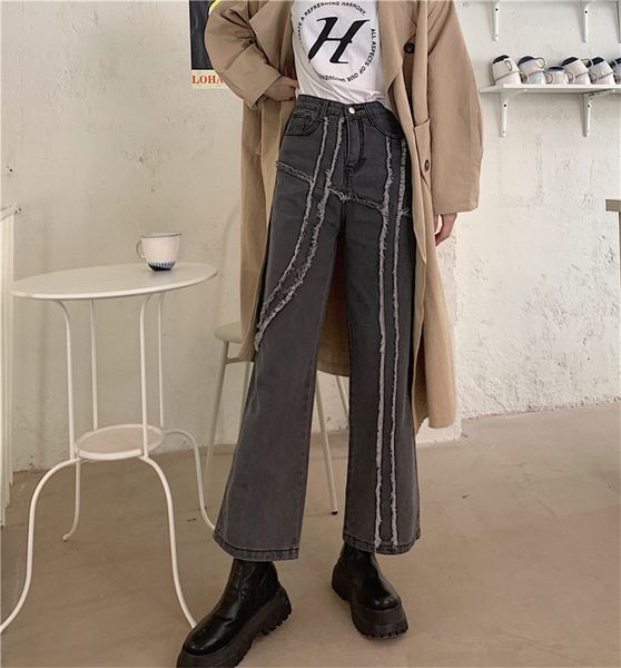 

women's street-style striped pants straight gray design high waist wide jeans trend, Blue