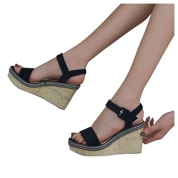 

summer sandals women ladies casual female slippers fashion wedge buckle trip strap thick sole womens sandals#, Black