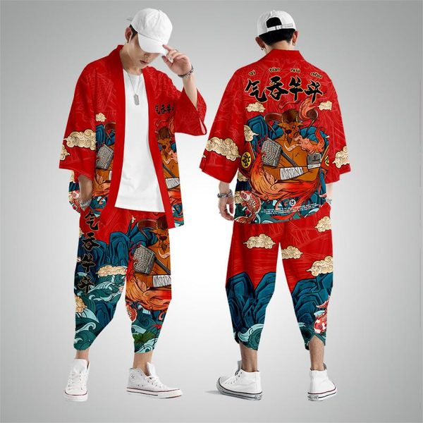 

men traditional harajuku streetwear samurai cardigan costume yukata japanese style vintage kimono haori pants set xs-6xl ethnic clothing, Red