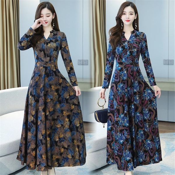 

casual dresses autumn winter boho floral print v-neck beach dress women fashion big swing party long vestidos female mujer, Black;gray