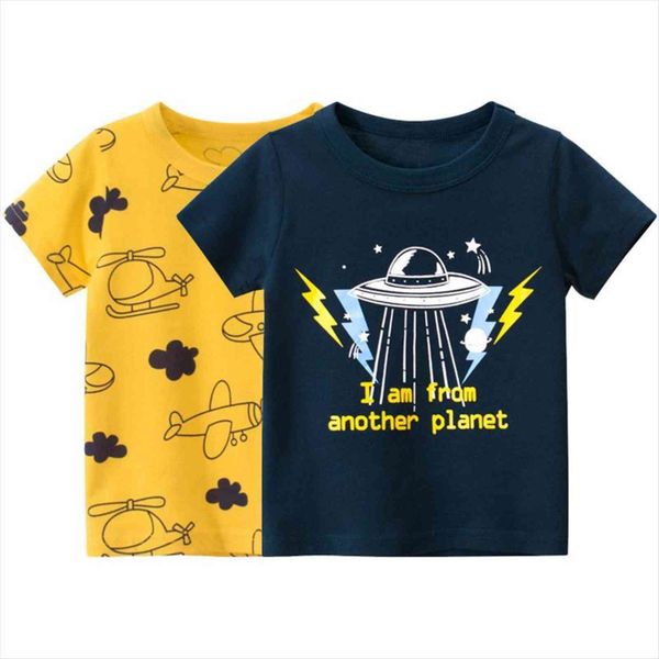 

summer t shirt for boys space airplane print kids tees short sleeves cartoon baby clothes 2 10 years dropship, Blue