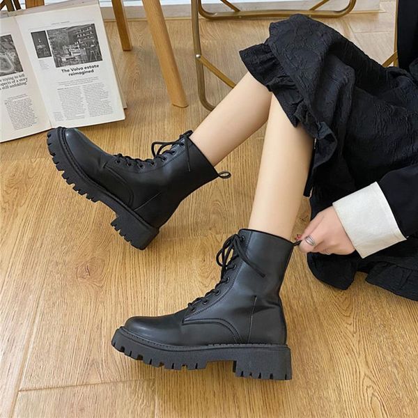 

boots shoes lolita lace up round toe luxury designer boots-women flat heel ladies autumn rock fashion 2021 ankle low black solid