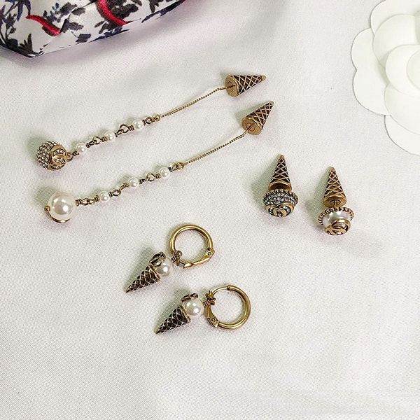 

new dangle ice cream cone ear stud fashion retro tassel women earring female pearl rhinestone circle men earrings, Silver