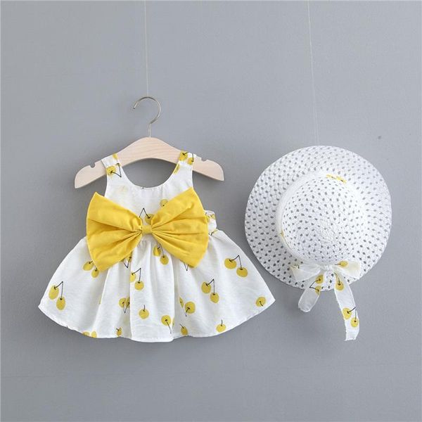 

girl's dresses baby girls beach princess dress cute bow flowers sleeveless cotton summer toddler dresses+sunhat born clothing set vesti, Red;yellow
