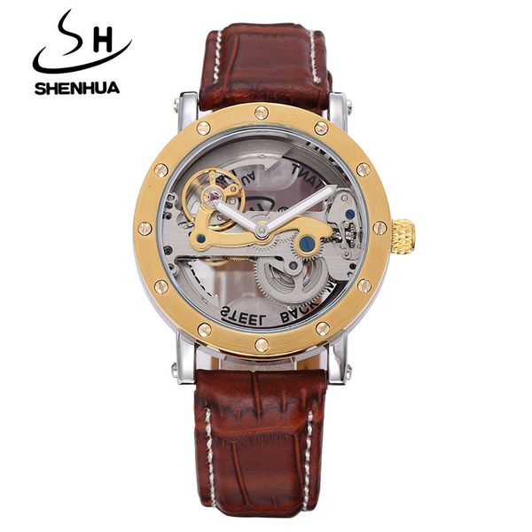 

shenhua steampunk transparent skeleton crystal wheel automatic leather band dress men mechanical clock relogio masculino me, Slivery;brown