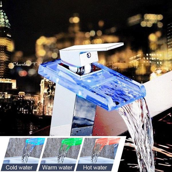 

bathroom sink faucets luxury brass led basin waterfall temperature colors change mixer tap deck mounted wash glass taps