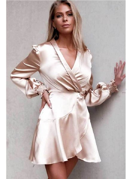 

girl heavy silk v neck long sleeved calf length es for women spring pink, Black;gray
