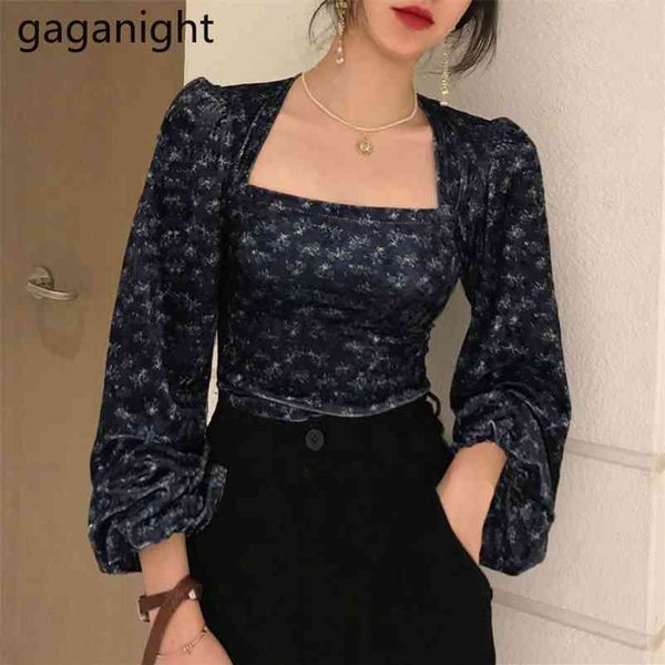 

gaganight velvet floral women blouse long sleeve square collar chic korean shirt female slim cropped outwear blusas fashion 210401, White