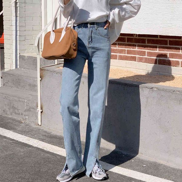 

casual loose denim blue jeans women high waist straight leg trousers spring female fashion split pants 210429