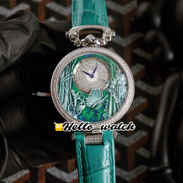 42 mm Bovet Watches 1822 Schweizer Quarz-Herren-Unisex-Uhr, grünes 3D-Schmetterlingsreliefmuster, Zifferblatt, Stahlgehäuse, Diamantlünette, blaues Lederarmband, Hello_Watch