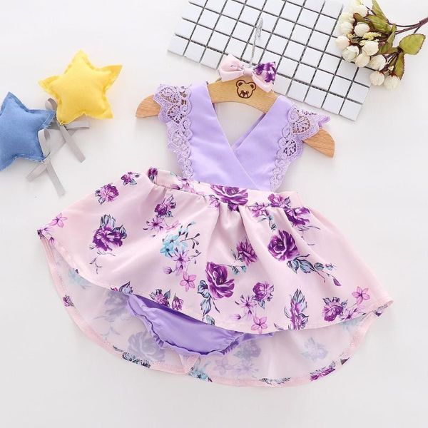 

girl's dresses summer baby kids floral print sleeveless lace v neck princess party cute girls tutu dress + headband vestidos, Red;yellow
