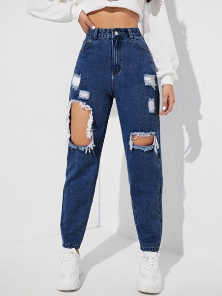 

high waist ripped mom jeans u50w#, Blue