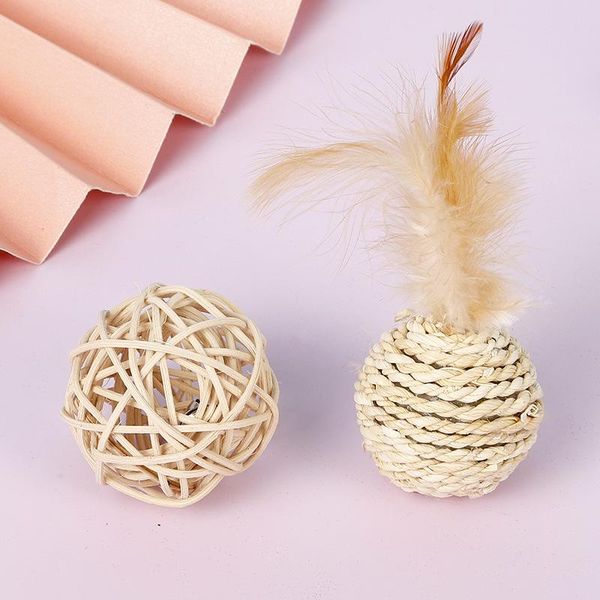 

cat toys dounione 2pcs/set rattan ball toy funny faux feather bell kitten chasing interactive sounding for puppy