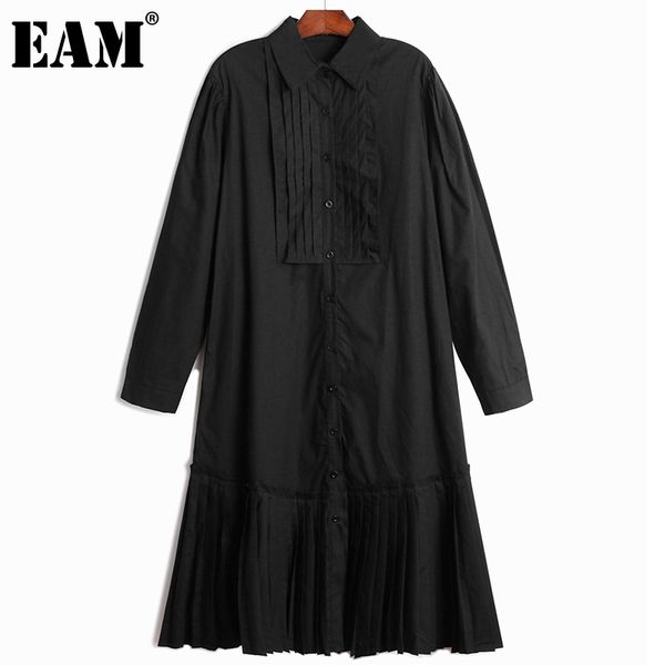 

[eam] women black big size casual pleated shirt dress lapel long sleeve loose fit fashion spring summer 1dd8217 210512, Black;gray