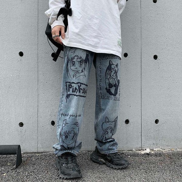

coldyingan cartoon anime print jeans men pants bf harajuku streetwear wear casual fashion graffiti loose women jeans trousers 211009, Blue