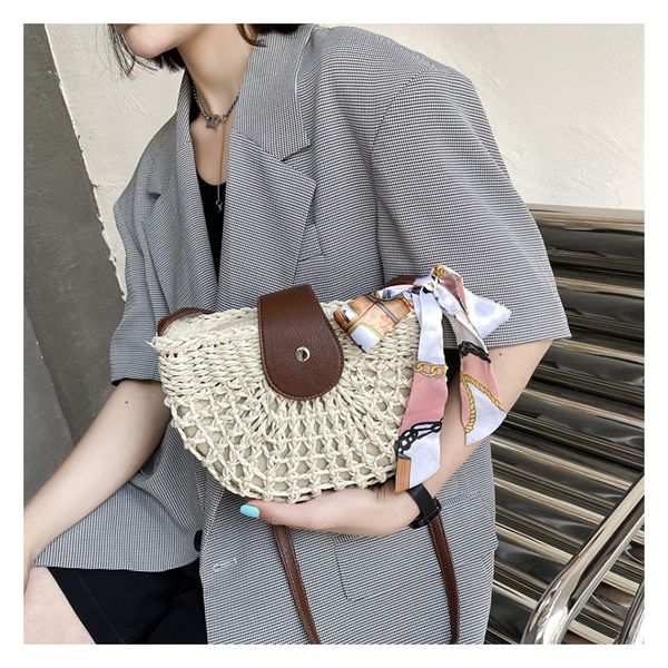 

new handbags korean 2021 hollow straw woven silk scarf leisure one shoulder semi-circular literary texture messenger bag factory direct sale