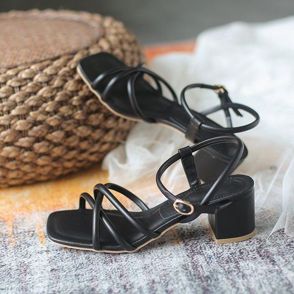 

dress shoes summer 2021 women's sandals fashion simple high heels thick heel straight button open toe, Black