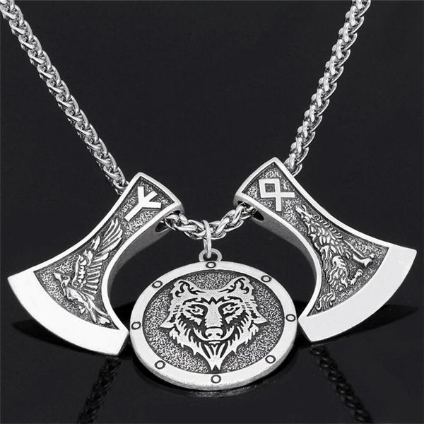 

pendant necklaces vikings jewelry mens vintage ax animal wolf head necklace homme amulet norse crow double-sided viking rune fashion gifts, Silver