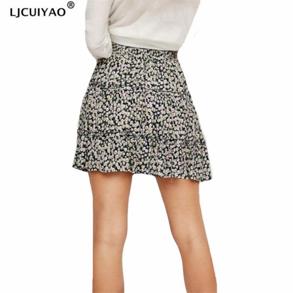 

skirts ljcuiyao high waist ruffles skirt for women floral print beach a line cotton short pleated plus size bottom, Black