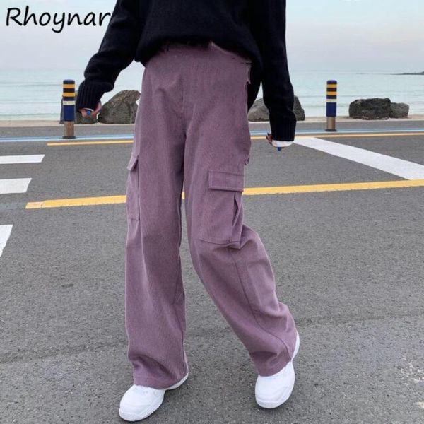 

women's pants & capris cargo women solid pockets bf harajuku loose full-length spring autumn corduroy ins aesthetic girl all-match stre, Black;white