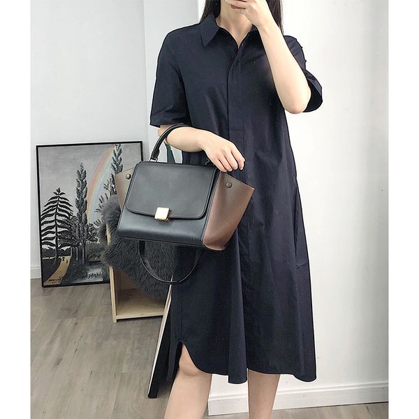 

dress cotton women's shirt dress dark blue short sleeve single breasted turn-down collar ol knee-length dresses, Black;gray
