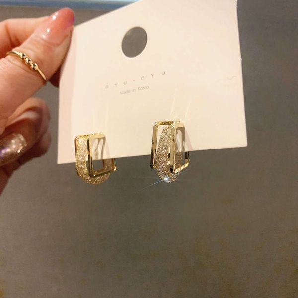 

korean simple personality square double-layer hollowed out zircon s925 silver needle net red cold wind earrings female, Black
