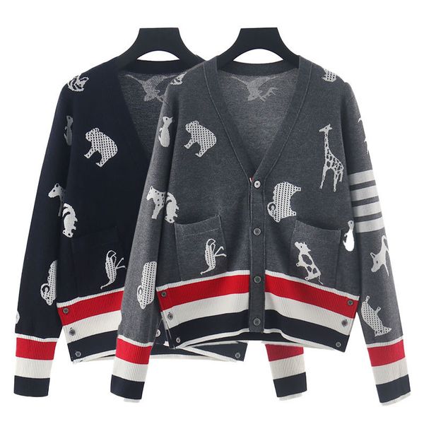 

winter animal wool v-neck sweater korean women's college mosaic cardigan contrast wide color strip slim fit, White