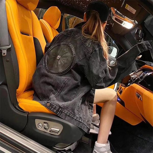 

chrome/heartssanskrit 2021 spring new heavy cross crosin 3d men's and women's casual denim black coat, Black;brown