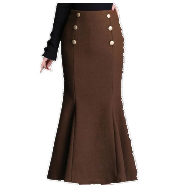 

plus size 4xlautumn winter womens skirt fashion double breasted woolen trumpet midi high waist package hip mermaid, Black