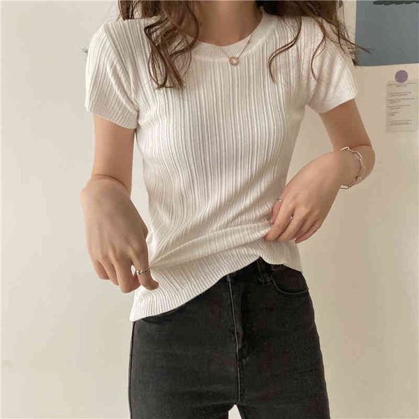 

basic summer t shirt women knitted short sleeves tee breathable o neck female tshirt high elasticity 210514, White