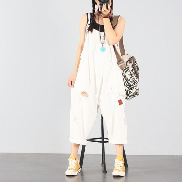 

harem jumpsuit hole ripped jeans one piece rompers women dungarees female drop crotch pants loose denim overalls summer white women's j, Black;white