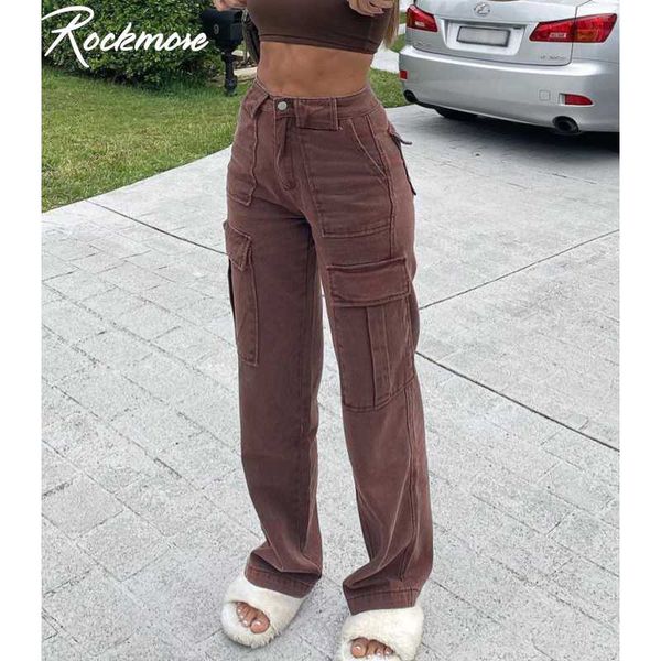 

women's jeans rockmore brown vintage baggy women 90s streetwear pockets wide leg cargo pants y2k high waist straight denim trousers 202, Blue