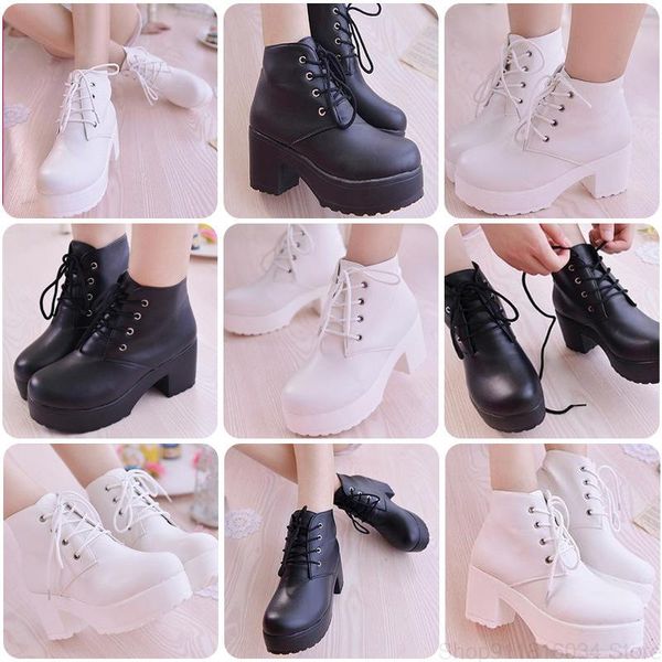 

boots women's spring and autumn round head black white thick heel bottom high cos