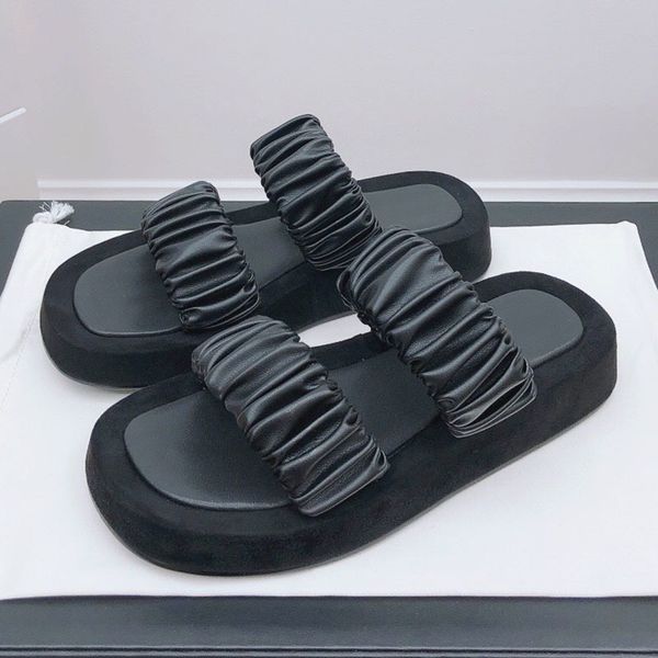 

70% off wholesale sandals flip-flops summer women's slippers fashion pleated real leather open toe thick bottom flipflops runway design, Black