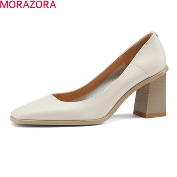 

morazora genuine leather high heels shoes summer shallow women pumps fashion square toe party wedding shoes apricot 210506, Black
