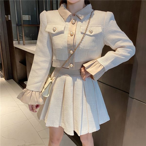 

two piece dress conjunto de duas peÃ§as feminino lÃ£ + saia plissada, roupas outono para mulheres, jaqueta curta e conjunto 4fyt, White