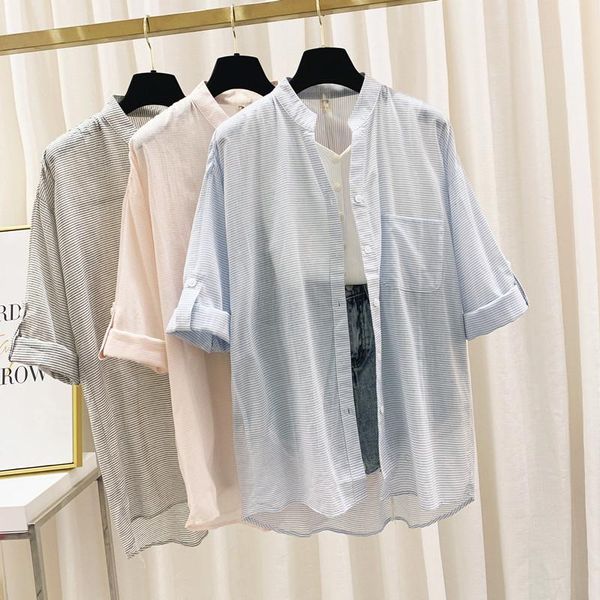 

women's blouses & shirts summer striped thin women korean high street stand collar long sleeve sun protection loose female outwear top, White