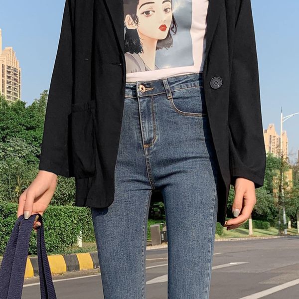 

women's jeans summer high waisted for spring fashion slim black autumn pencil ankle-length pants elastic femme 8ba1, Blue