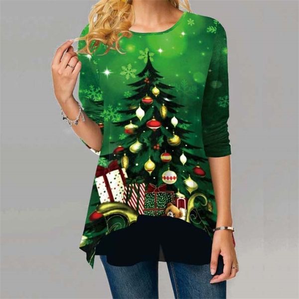 Camisa de Natal Plus Size Mulheres T-Shirt Papai Noel Impressão Xmas Manga Longa Tops Feliz Camiseta Roupas Femininas de Inverno Feminina 210401