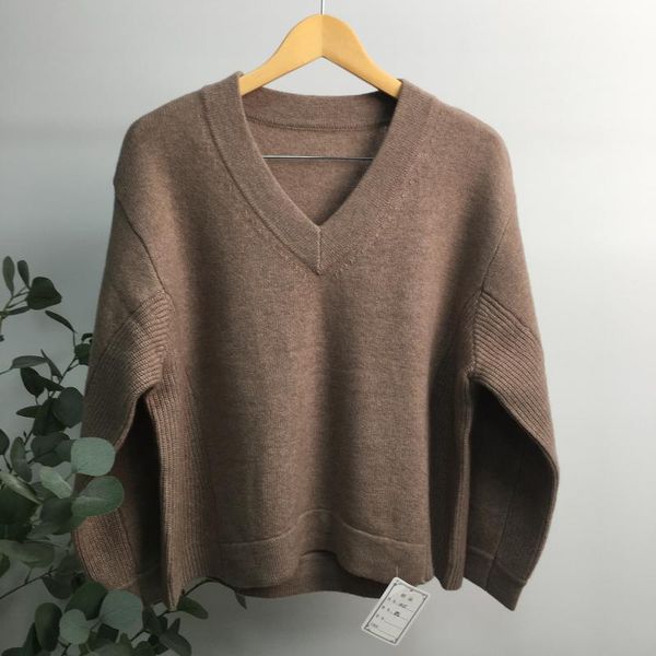

women's sweaters 2021 fall/winter v-neck solid color sweater thicken loose wool cashmere long sleeve top, White;black