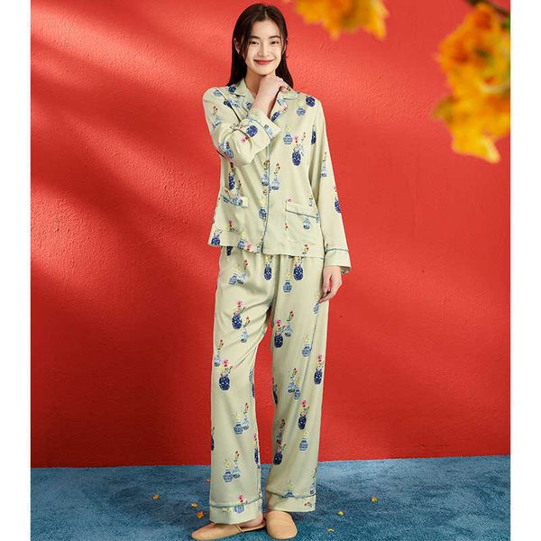 

yaoting new satin chiffon pajamas women's spring and summer antique long sleeved trousers home clothes two-piece suit 2227 womens under, Black;red