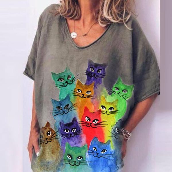 

womens vintage t-shirts loose color print short sleeves plus size t-shirt v-neck casual fashion tees harajuku women's, White